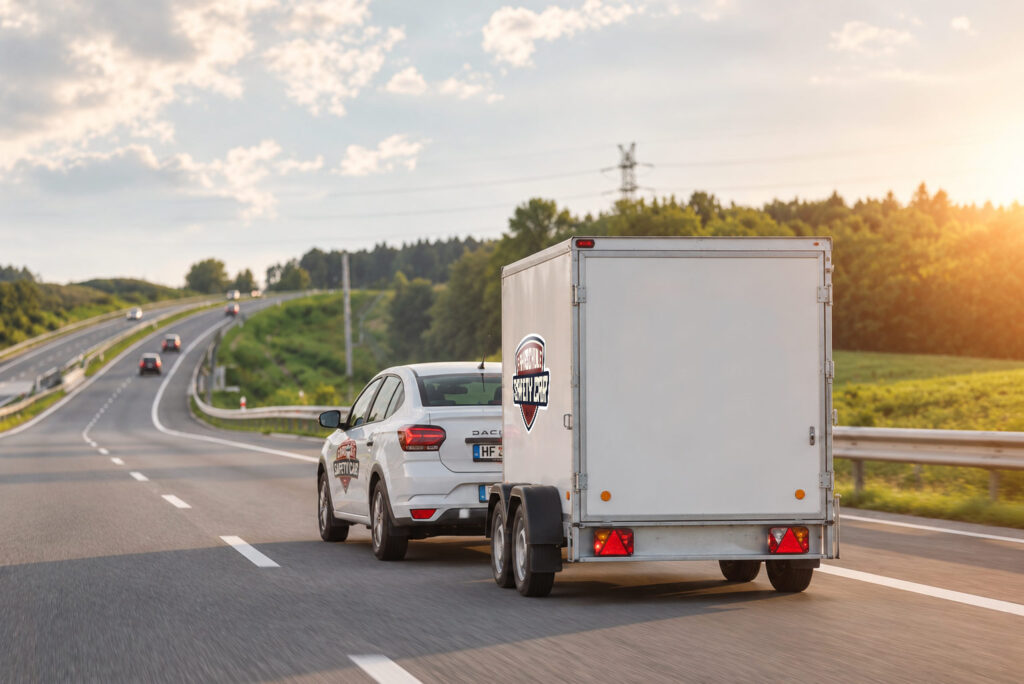 Generierte Straßenfahrt Aufnahme vom Dacia Fahrschulauto mit dem Fahrschulanhänger angekoppelt.
